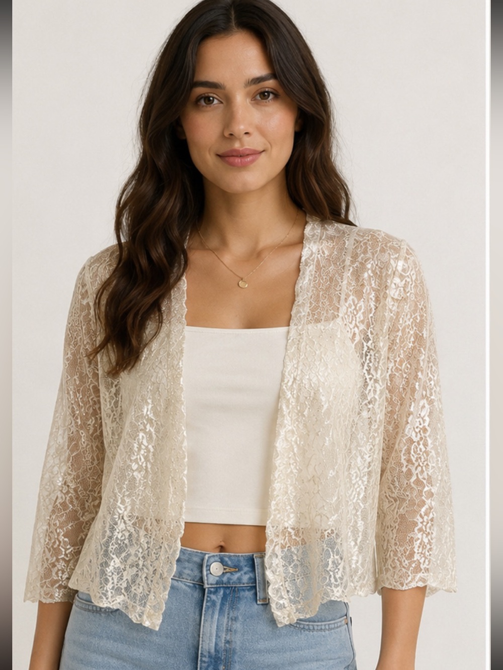 Sheer Lace Open-Front Cardigan - Cream